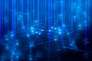 Red neuronal digital con nodos de datos conectados sobre fondo azul, representando el funcionamiento de un agente de IA