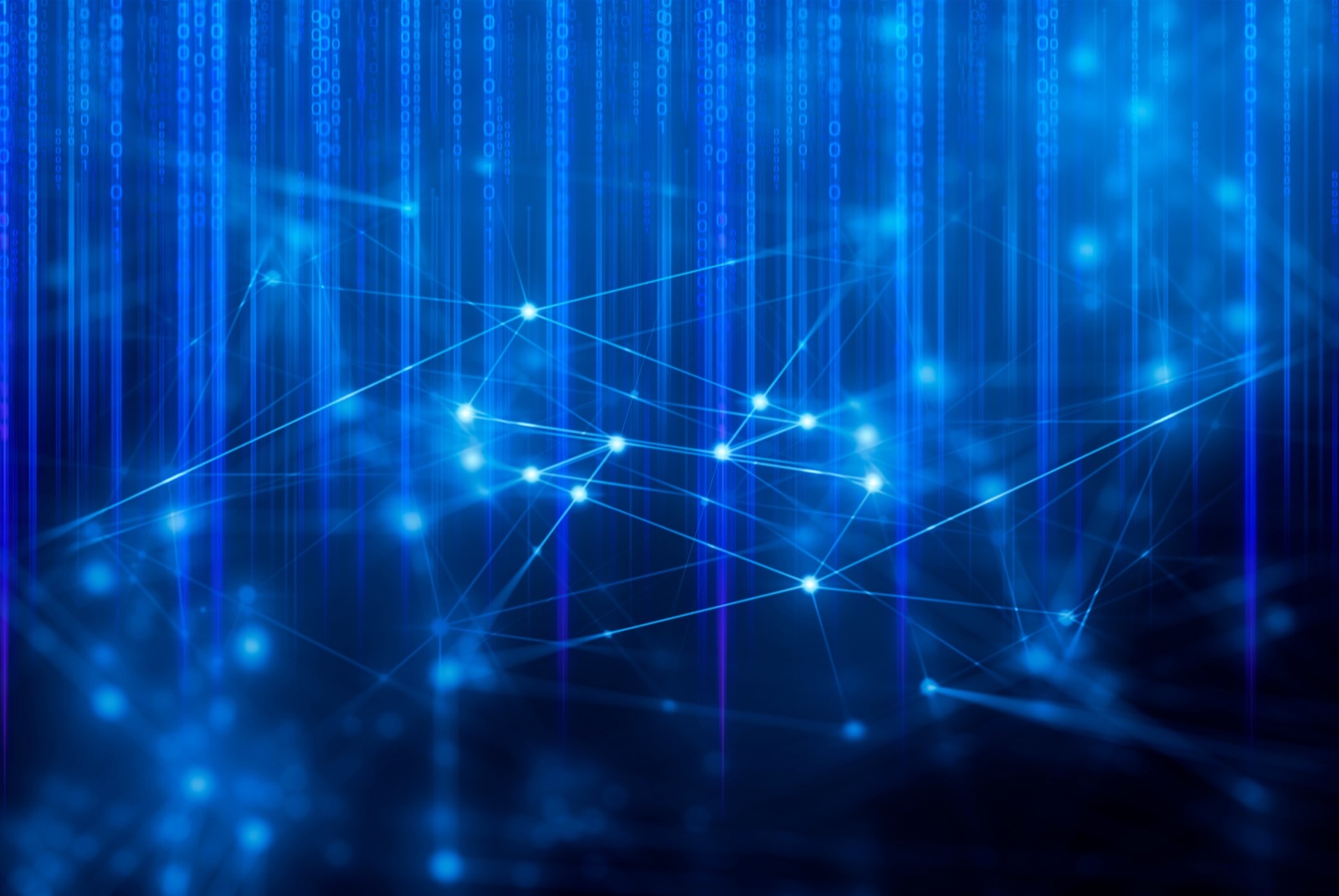 Red neuronal digital con nodos de datos conectados sobre fondo azul, representando el funcionamiento de un agente de IA