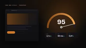 Indicador de velocidad web con puntuación 95 y métricas Core Web Vitals LCP, INP y CLS en verde