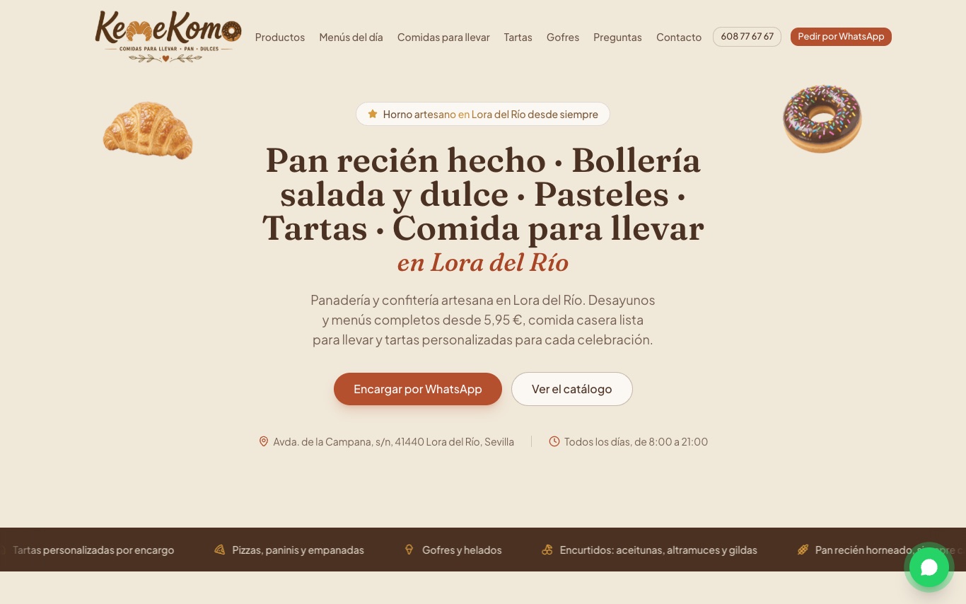 Web de KemeKomo diseñada por 3dearte: panadería y comida para llevar en Lora del Río