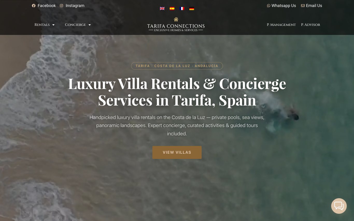 Web de Tarifa Connections diseñada por 3dearte: villas de lujo en Tarifa
